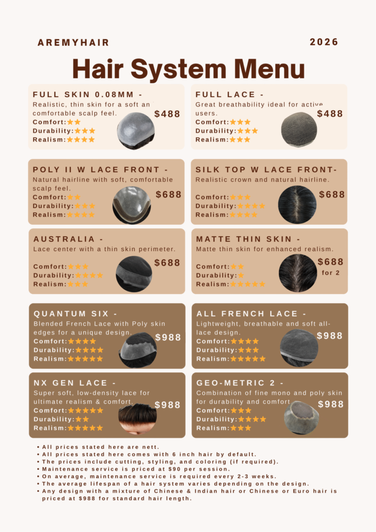 AremyHair 2026 Hair System Menu Singapore – 10 hair systems from $488 to $988