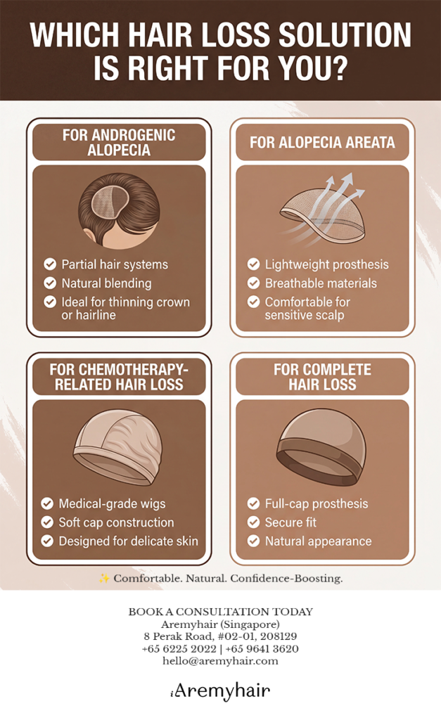 Aremyhair infographic comparing hair loss solutions for androgenic alopecia, alopecia areata, chemotherapy-related hair loss, and complete hair loss