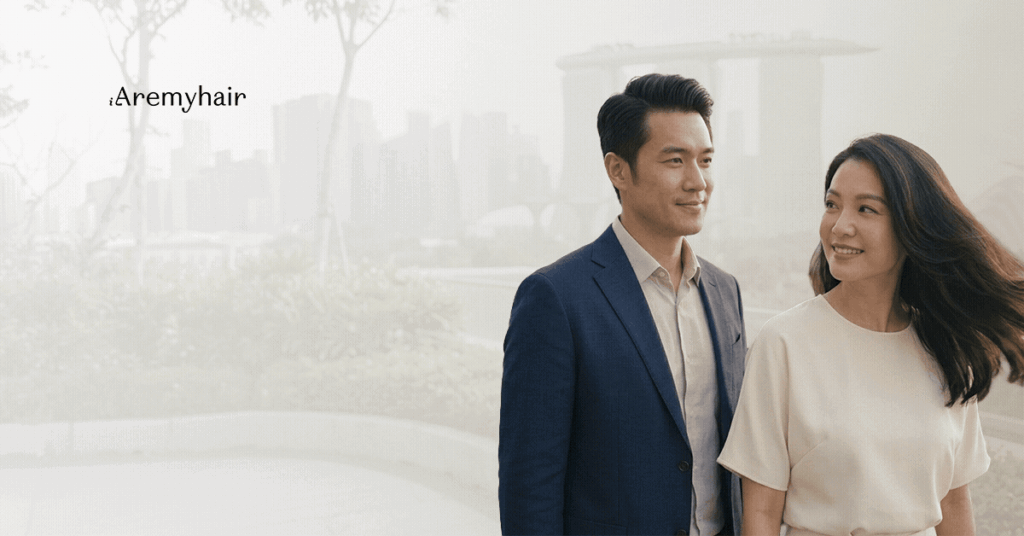 Man and woman with natural-looking, full hair from non-surgical hair replacement solutions by Aremyhair