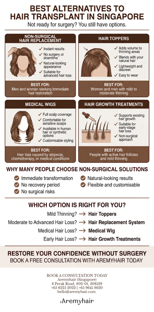 Infographic comparing four hair transplant alternatives — non-surgical hair replacement, hair toppers, medical wigs, and hair growth treatments — with benefits and best-use guide, by Aremyhair Singapore