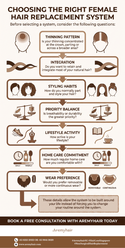 iAremyhair infographic: how to choose the right female hair replacement system — thinning pattern, integration, styling, care & wear preferences.