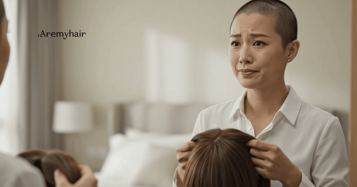 Woman with thinning hair tries a women's hair replacement system Singapore in the mirror — iAremyhair hair replacement systems for women: what makes them different.