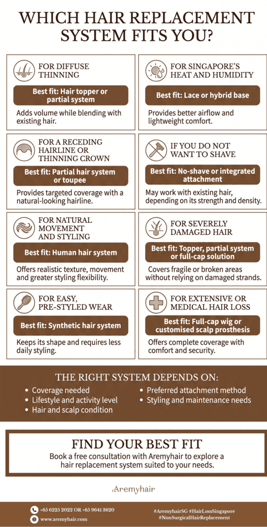 Infographic: which hair replacement system fits you — toppers, lace systems, toupees, human hair vs synthetic | Aremyhair Singapore
