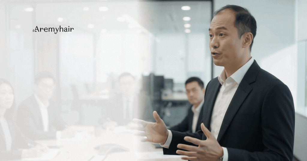 Man in a dark blazer talking with colleagues in an office, representing Aremyhair hair replacement systems for men