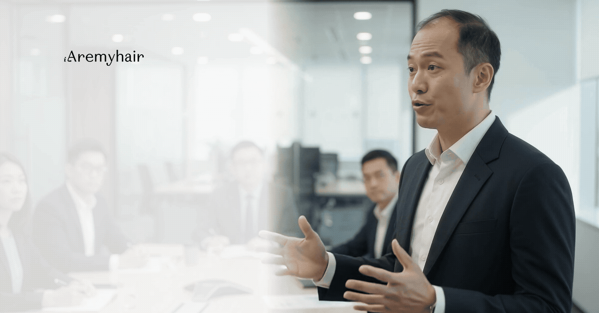 Man in a dark blazer talking with colleagues in an office, representing Aremyhair hair replacement systems for men